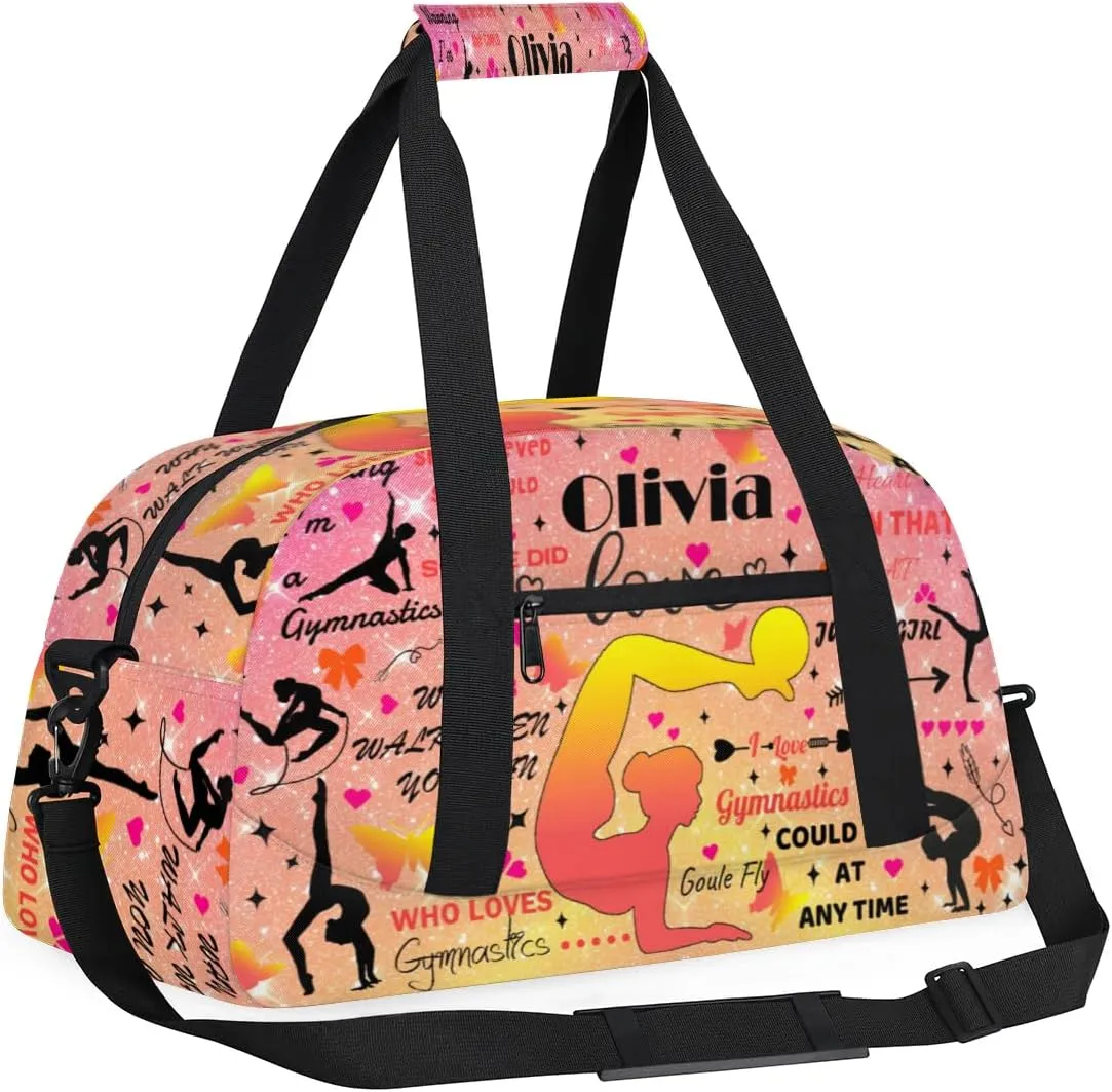 Yzrwebo Personalized Gymnastics Bag with Name for Women, Custom Gymnastics Gym Duffel Bag, Customized Sport Bag Travel Weekender Overnight Bags, Star Orange