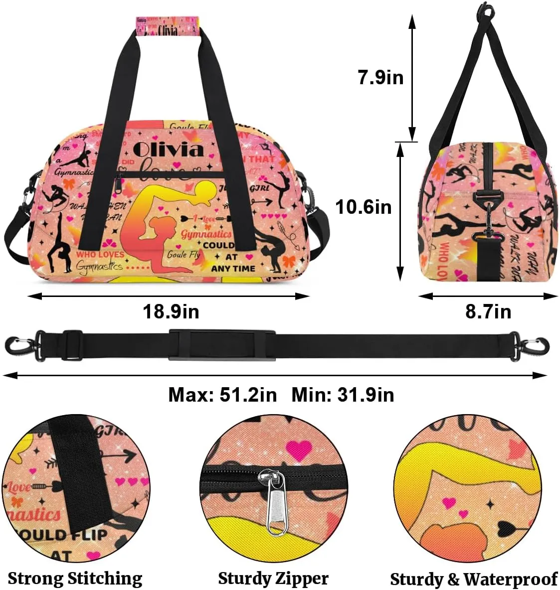 Yzrwebo Personalized Gymnastics Bag with Name for Women, Custom Gymnastics Gym Duffel Bag, Customized Sport Bag Travel Weekender Overnight Bags, Star Orange