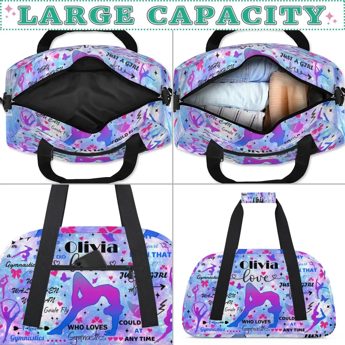 Yzrwebo Personalized Gymnastics Bag with Name for Women, Custom Gymnastics Gym Duffel Bag, Customized Sport Bag Travel Weekender Overnight Bags, Starry Purple