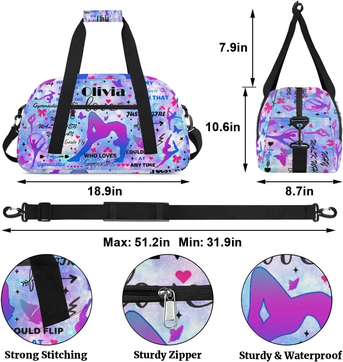 Yzrwebo Personalized Gymnastics Bag with Name for Women, Custom Gymnastics Gym Duffel Bag, Customized Sport Bag Travel Weekender Overnight Bags, Starry Purple