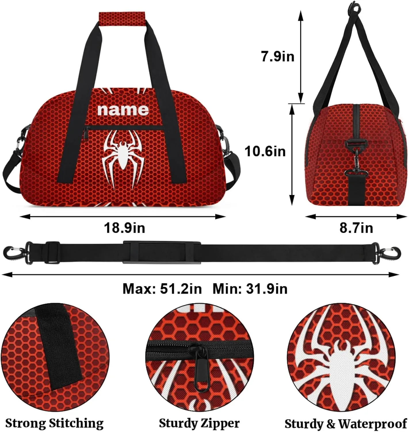 Yzrwebo Spiders Pattern Custom Name Gym Duffle Bag Personalized Sport Duffle Gymnastics Bags Customized Weekend Overnighter Travel Bags