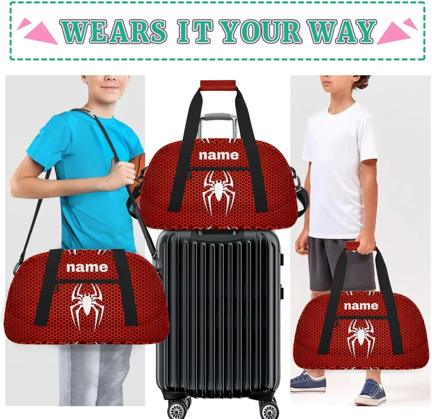 Yzrwebo Spiders Pattern Custom Name Gym Duffle Bag Personalized Sport Duffle Gymnastics Bags Customized Weekend Overnighter Travel Bags