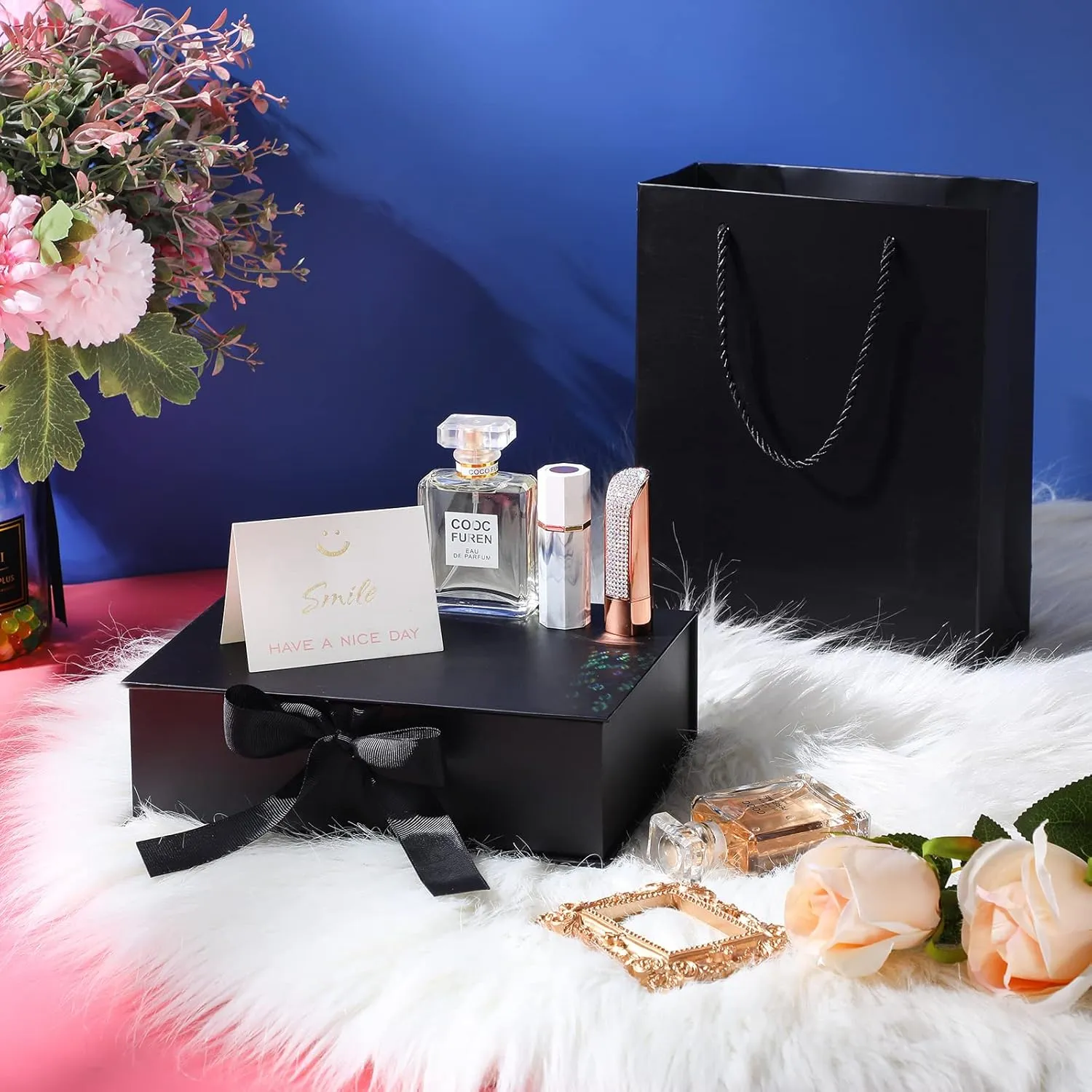 Zonon Gift Boxes with Lid and Ribbon 9 x 7 x 3'' Luxury Senses Gift Bags with Greeting Card Tissue Paper for Graduation Wedding Teacher Birthday Inspirational Present Decoration Party Favor(Black)